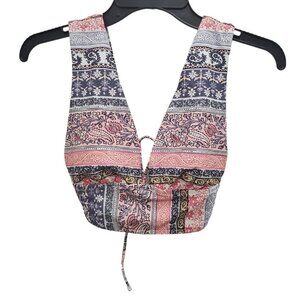 True Craft Women's Pink Multi Boho Moroccan‎ Plunge Wide Strap Lace Bikini Top M
